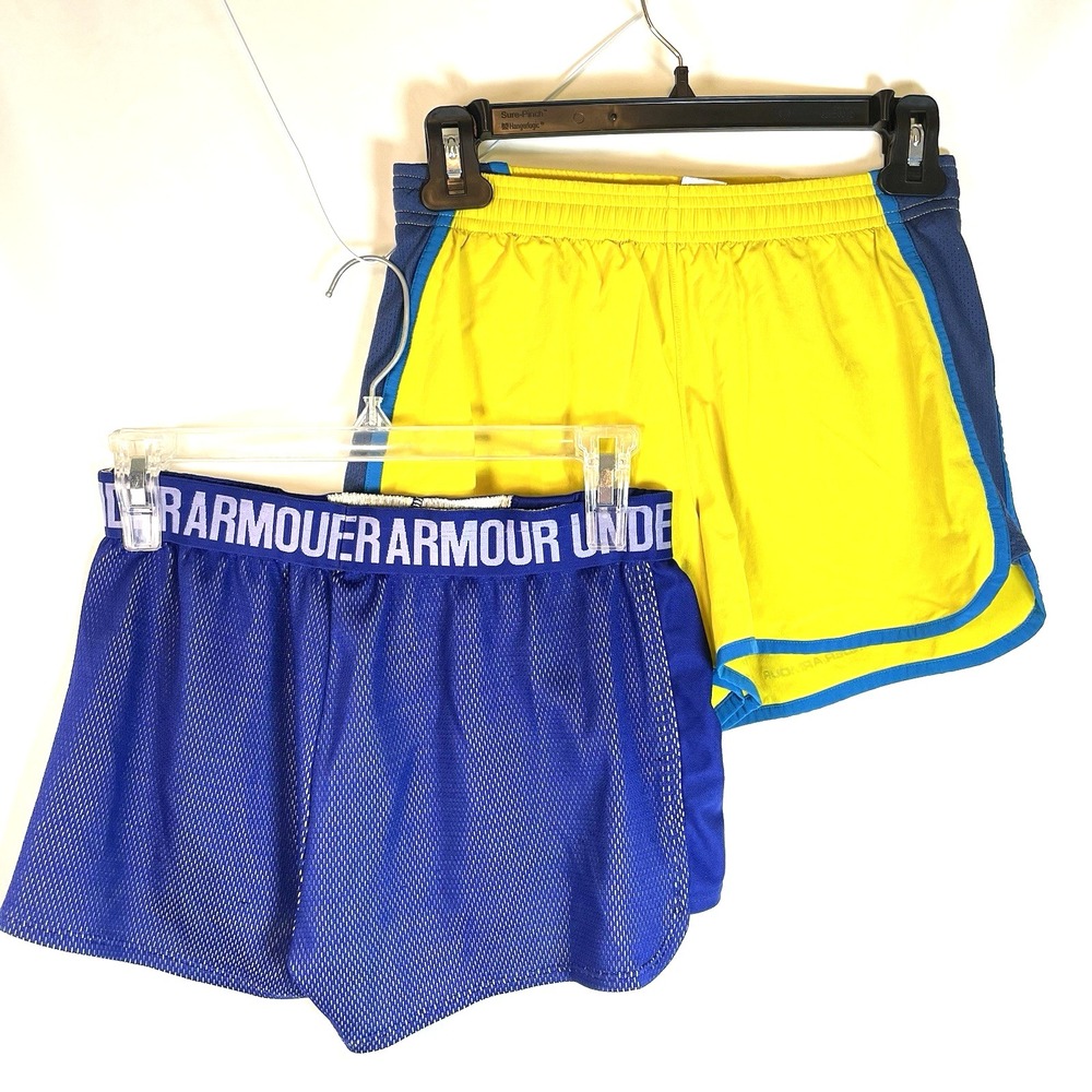 2‎ Under Armour Shorts Heat Gear Running Womens XSmall Blue Yellow Pair